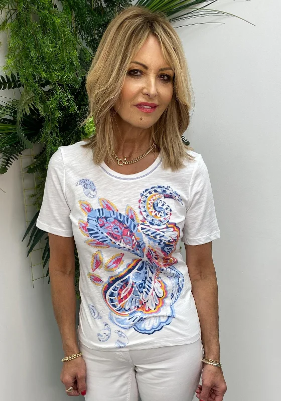 Barbara Lebek Graphic Print T-Shirt, White Multi-- Hooded Caped Shawl Collar