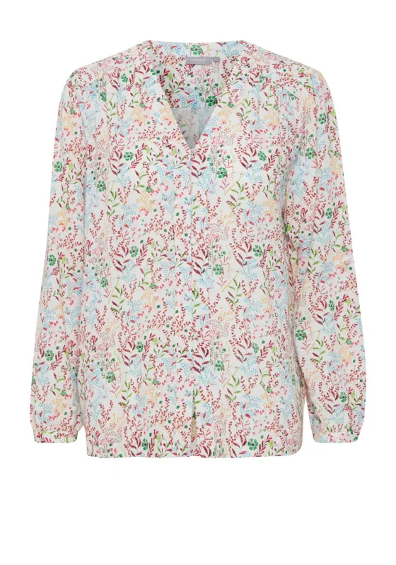 Fransa Floral Pattern Linen Shirt, White Multi-- Anti-Pilling Machine Wash Handmade
