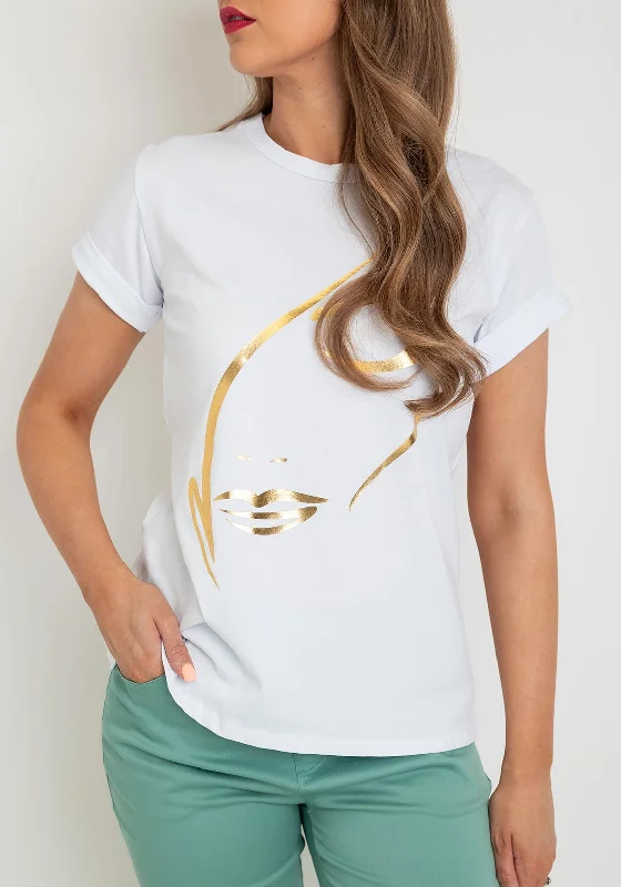 Serafina Collection One Size Gold Print T-shirt, White-- Welt Pockets Slit Pockets Flap Pockets Serafina Collection One Size Gold Print T-shirt, White-- Welt Pockets Slit Pockets Flap Pockets