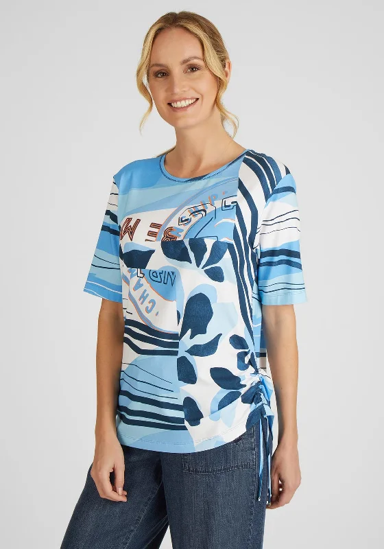 Rabe Multi Print T-Shirt, Light Blue-- Notch Collar Peter Pan Collar Cowl Neck