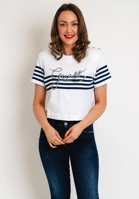 Guess Womens Embroidered Logo Striped T-Shirt, White-- Zippered Front Buttoned Front Snap Front Guess Womens Embroidered Logo Striped T-Shirt, White-- Zippered Front Buttoned Front Snap Front