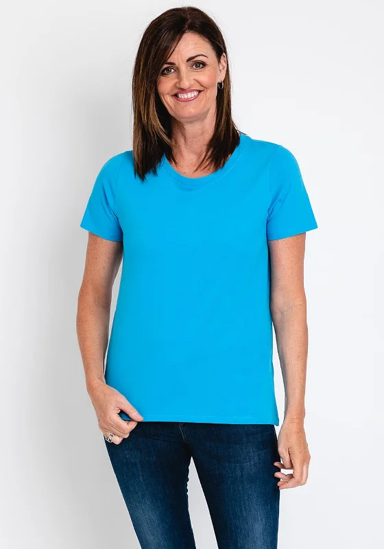 Fransa Round Neck T-Shirt, Blue-- Boxy Fit Fitted Loose