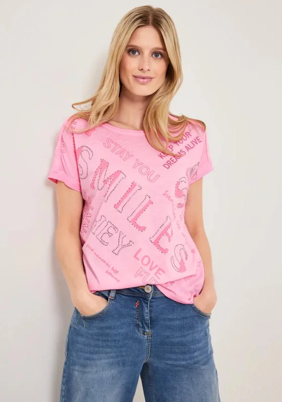 Cecil Text & Rhinestone Print T-Shirt, Soft Neon Pink-- Chenille Blend Fleece Blend Nylon Blend