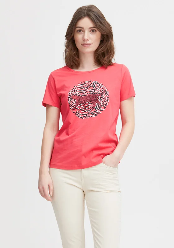 Fransa Suni Leopard Graphic T-Shirt, Coral-- Iron Safe Non-Iron Wrinkle Free