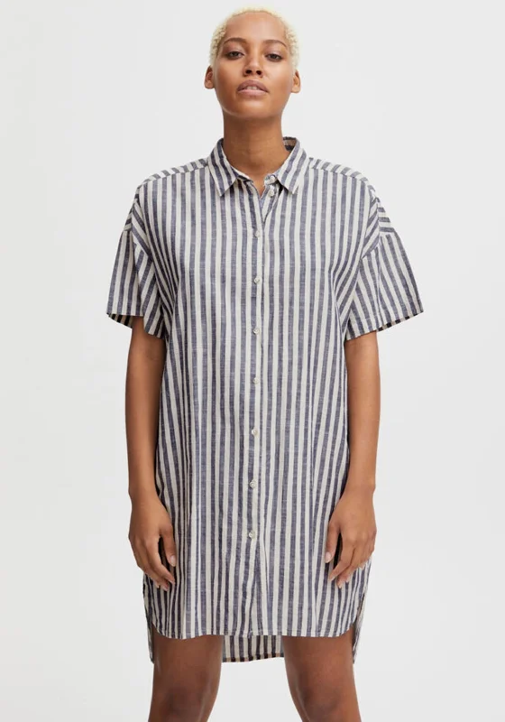 Ichi Striped Oversized Long Shirt, Natural-- Machine Wash Dry Clean Hand Wash