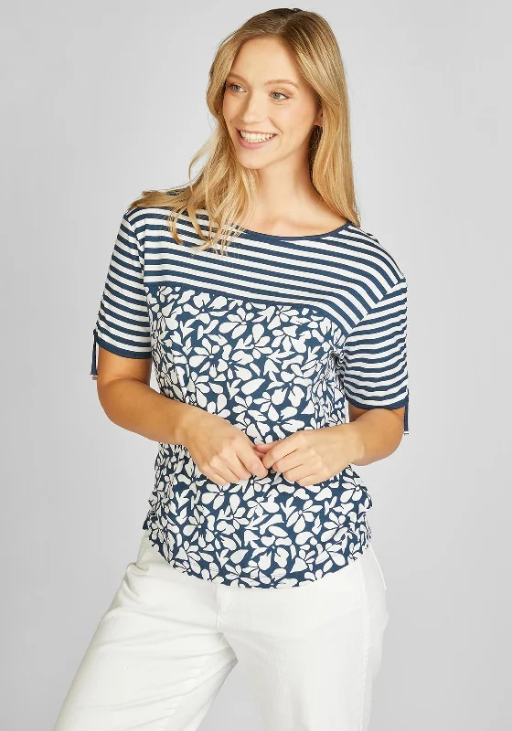 Rabe Stripe & Petal Print T-Shirt, Navy & White-- Chenille Blend Fleece Blend Nylon Blend