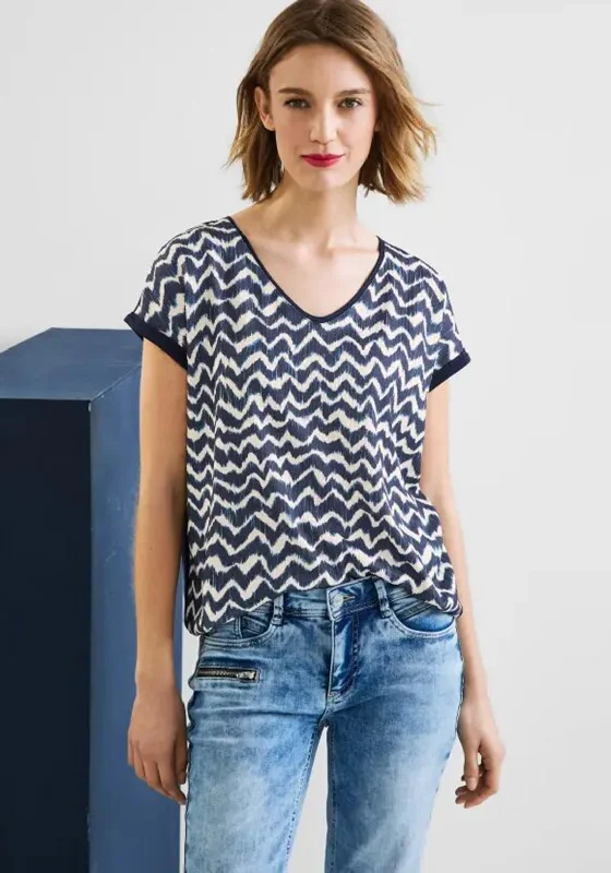 Street One Zig Zag Print T-Shirt, Deep Blue-- Handmade Hand-knitted Hand-woven