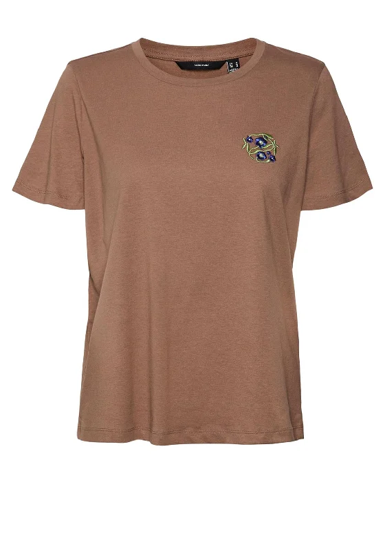 Vero Moda Lee Olly Embroidered Floral Design T-Shirt, Brown-- Polka Dot Checkered Tartan Vero Moda Lee Olly Embroidered Floral Design T-Shirt, Brown-- Polka Dot Checkered Tartan