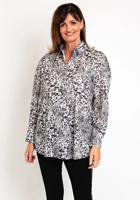 Malissa J One Size Leopard Print Sequin Long Shirt, Grey-- Welt Pockets Slit Pockets Malissa J One Size Leopard Print Sequin Long Shirt, Grey-- Welt Pockets Slit Pockets