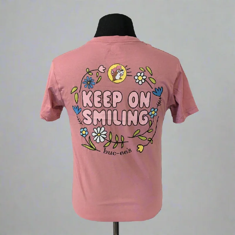 Buc-ee's "Keep on Smiling" Pink T-Shirt-- Graphic T-Shirt Round Neck Polyester
