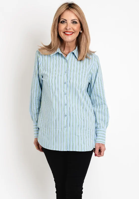 Olsen Striped Shirt, Ciel Blue-- Welt Pockets Slit Pockets Flap Pockets