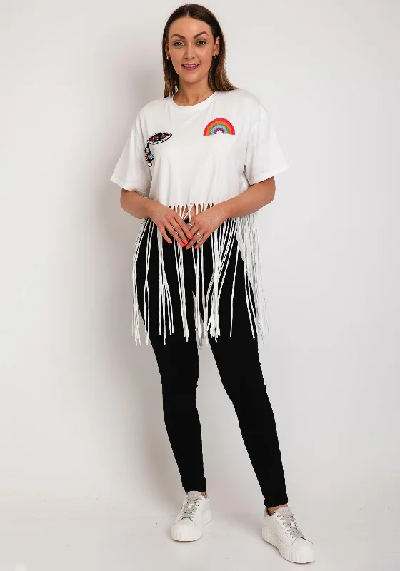 The Sofia Collection One Size Bianco Fringed T-Shirt, White-- Denim Fabric Leather Fabric Suede Fabric The Sofia Collection One Size Bianco Fringed T-Shirt, White-- Denim Fabric Leather Fabric Suede Fabric