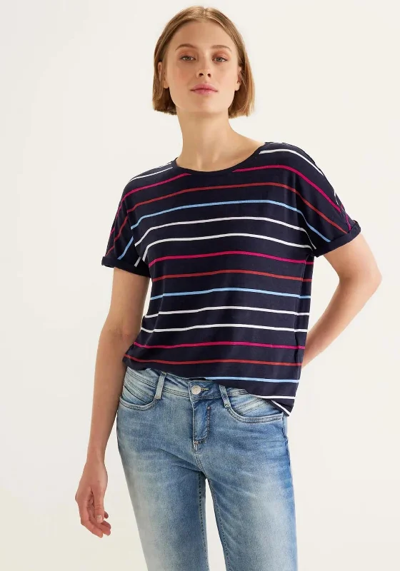 Street One Striped Pattern T-Shirt, Navy-- Fitted T-Shirt Seamless Stretchy
