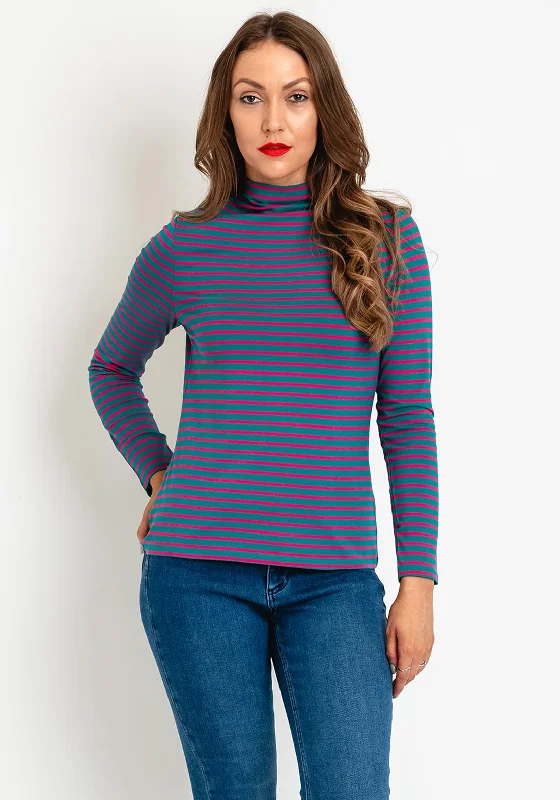 OUI Stripe High Neck Long Sleeve T-Shirt, Pink & Green-- Cashmere Blend Cotton Blend Poly Blend OUI Stripe High Neck Long Sleeve T-Shirt, Pink & Green-- Cashmere Blend Cotton Blend Poly Blend