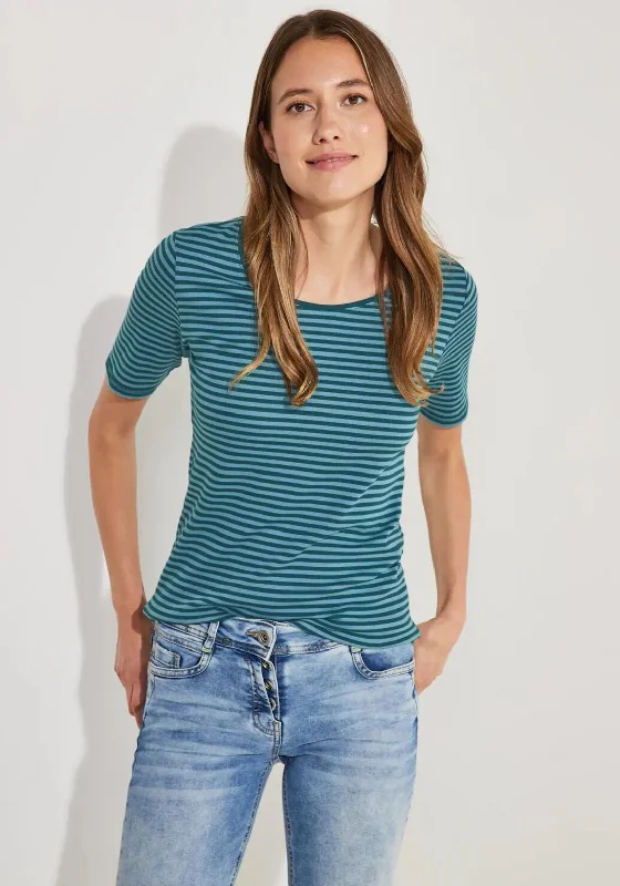 Cecil Round Neck Stripped Pattern T-Shirt, Deep Lake Green-- Graphic Embroidered Appliqued Cecil Round Neck Stripped Pattern T-Shirt, Deep Lake Green-- Graphic Embroidered Appliqued