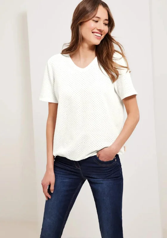 Cecil Crochet Look T-Shirt, White-- Welt Pockets Slit Pockets