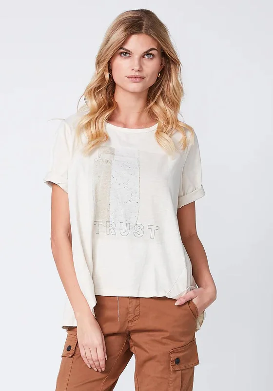 NU Denmark Riana “Trust” Text Printed T-Shirt, Cream-- Thin T-Shirt Open Front Quick Dry NU Denmark Riana “Trust” Text Printed T-Shirt, Cream-- Thin T-Shirt Open Front Quick Dry