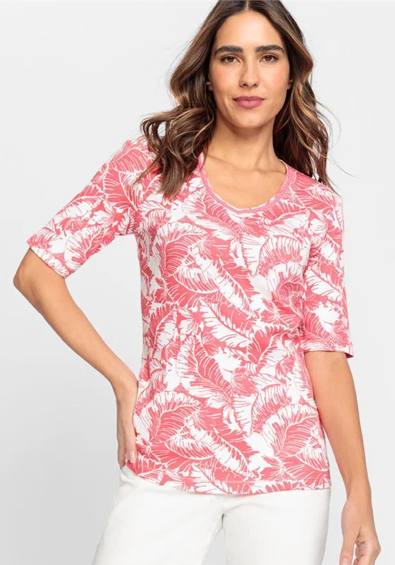 Olsen Leaf Print T-Shirt, Coral & White-- Asymmetrical Pockets Print