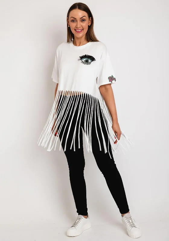 The Sofia Collection One Size Verde Fringed T-Shirt, White-- Cotton Fabric Linen Fabric Terry Fabric The Sofia Collection One Size Verde Fringed T-Shirt, White-- Cotton Fabric Linen Fabric Terry Fabric