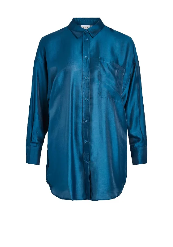 Vila Lamina Woven Sheen Long Shirt, Moroccan Blue-- Denim Fabric Leather Fabric Suede Fabric Vila Lamina Woven Sheen Long Shirt, Moroccan Blue-- Denim Fabric Leather Fabric Suede Fabric