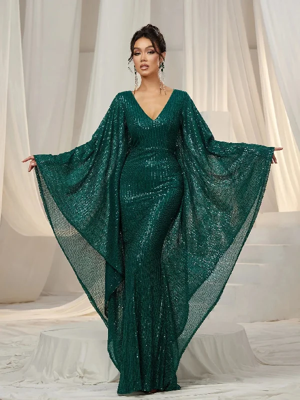 Elegant Plunging Neck Batwing Sleeves Mermaid Hem Sequin Formal Party Dress Tunics Designer luxury Elegant Plunging Neck Batwing Sleeves Mermaid Hem Sequin Formal Party Dress Tunics Designer luxury