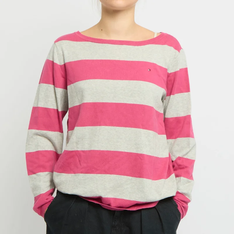 Tommy Hilfiger Wide Neck Stripe Knitted Sweatshirt-UK 16 Hoodie with Monochrome Minimalist Simple Tommy Hilfiger Wide Neck Stripe Knitted Sweatshirt-UK 16 Hoodie with Monochrome Minimalist Simple