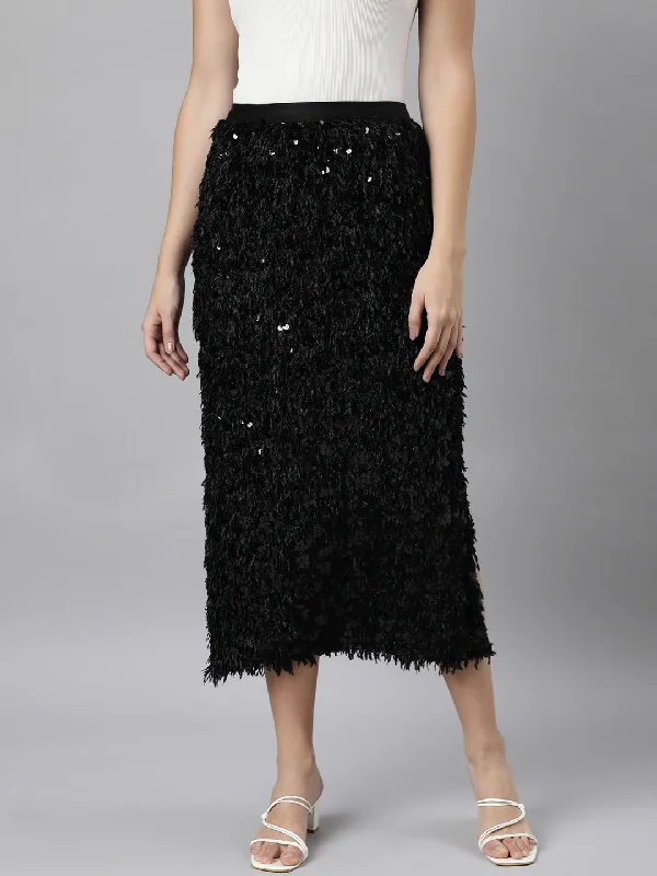 Women Solid Straight Black Midi Skirt-936-Black denim skirt stylish
