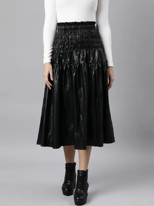 Women Solid Black Flared Midi Skirt-708-Black silk skirt smooth