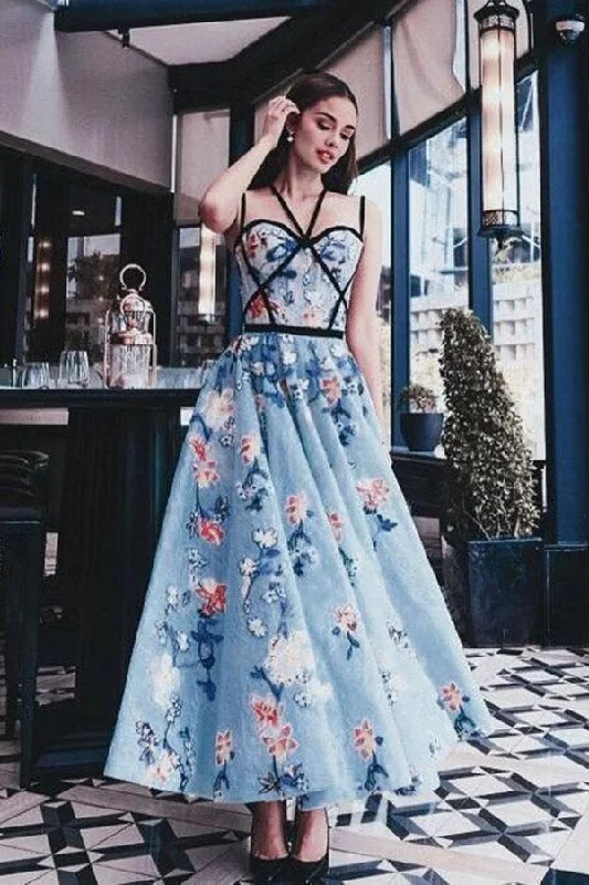 Chic Blue Floral Printed A Line Long Prom Dress Pretty Party Dress DMG19 Tunics Trendy modern Chic Blue Floral Printed A Line Long Prom Dress Pretty Party Dress DMG19 Tunics Trendy modern