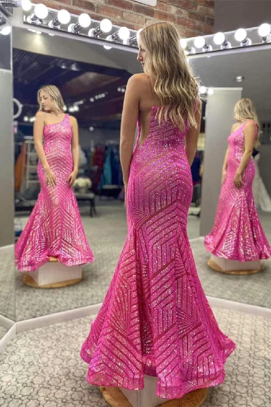 Mermaid One Shoulder Hot Pink Sequined Long Prom Dress Evening Party Dresses DMP188 Tunics Sophisticated sleek Mermaid One Shoulder Hot Pink Sequined Long Prom Dress Evening Party Dresses DMP188 Tunics Sophisticated sleek