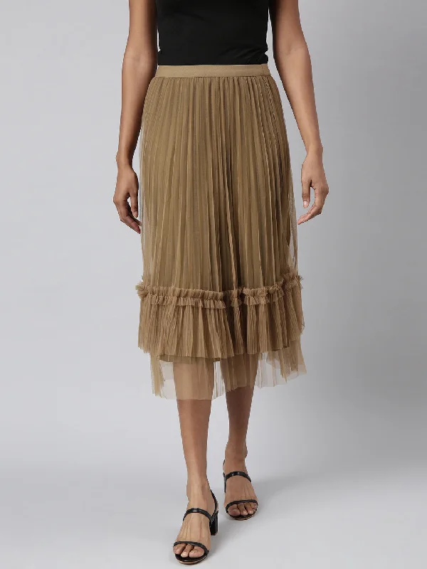 Women Flared Midi Brown Solid Skirt-CHN-1125-Brown linen skirt natural