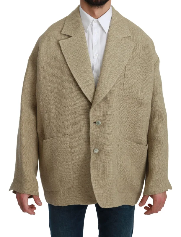 Chic Beige Jute Single-breasted Blazer Women's Classic Blazer