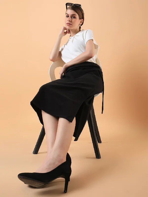 Women Solid Black Straight Midi Skirt-2567-Black lace skirt romantic