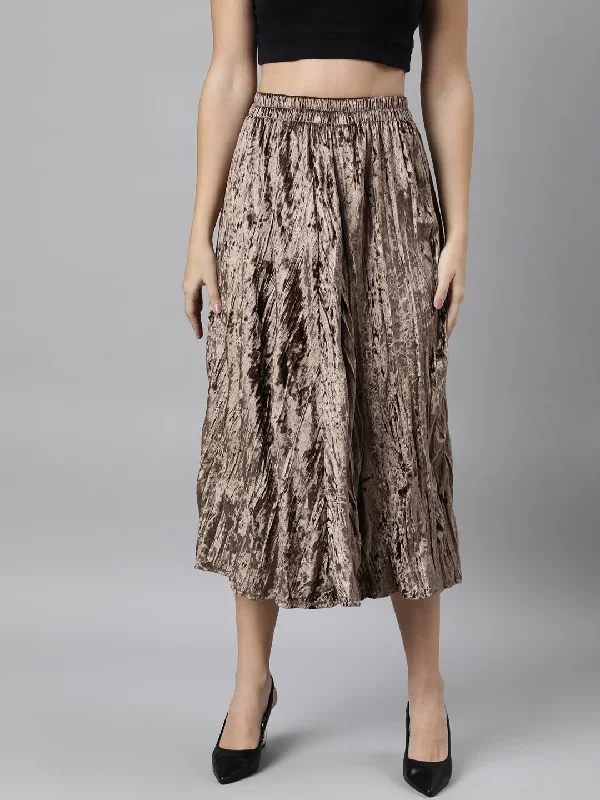 Women Solid Beige Flared Midi Skirt-9968-Beige lace skirt feminine
