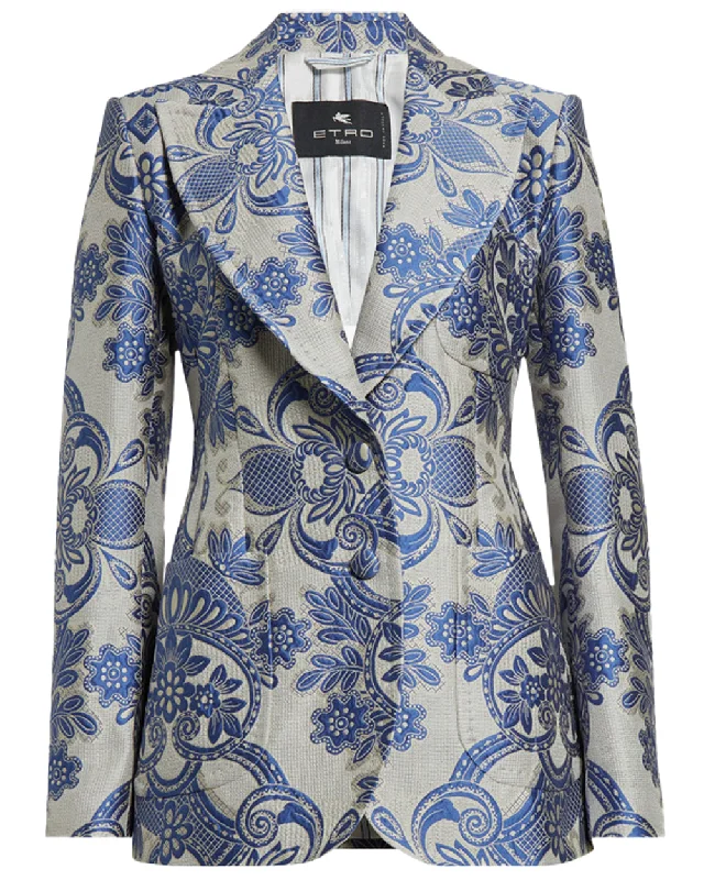 Blue Paisley Jacquard Single Breasted Blazer Women's Banquet Suit