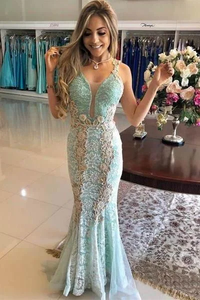 Vintage Mint Lace Mermaid Prom Dresses V Neck Elegant Formal Party Dress DMI26 Satin Halter Glamorous Vintage Mint Lace Mermaid Prom Dresses V Neck Elegant Formal Party Dress DMI26 Satin Halter Glamorous