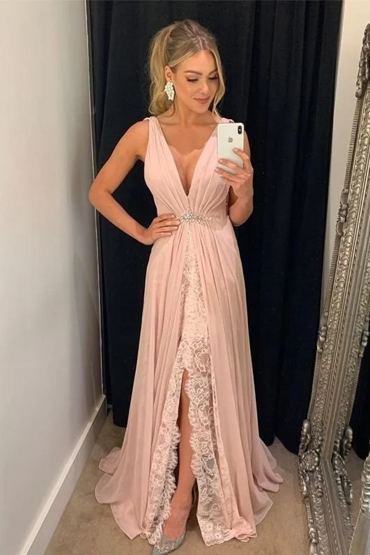 V Neck A Line Pink Chifon Long Front Split Prom Dress Evening Party Dresses DMP109 Pleated Skirt Elegant V Neck A Line Pink Chifon Long Front Split Prom Dress Evening Party Dresses DMP109 Pleated Skirt Elegant