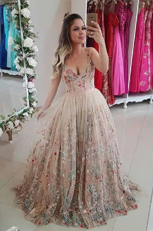 Spaghetti Strap A Line Floral Embroidery Prom Dresses Long Formal Party Dress DMH48 Tunics Sophisticated sleek Spaghetti Strap A Line Floral Embroidery Prom Dresses Long Formal Party Dress DMH48 Tunics Sophisticated sleek