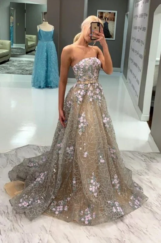 A-line Strapless Lace Long Prom Dress With Floral Appliques Evening Party Dress OKY98 Tunics Wedding white A-line Strapless Lace Long Prom Dress With Floral Appliques Evening Party Dress OKY98 Tunics Wedding white