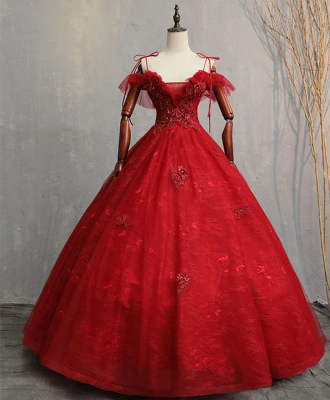 Burgundy Sweetheart Tulle Lace Long Prom Gown, Lace Formal Dress Casual Short Summer