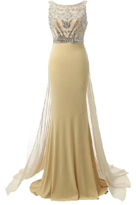 Beauty Mermaid Champagne Long Beaded Prom Party Dress OK4 Tunics Luxurious high-end