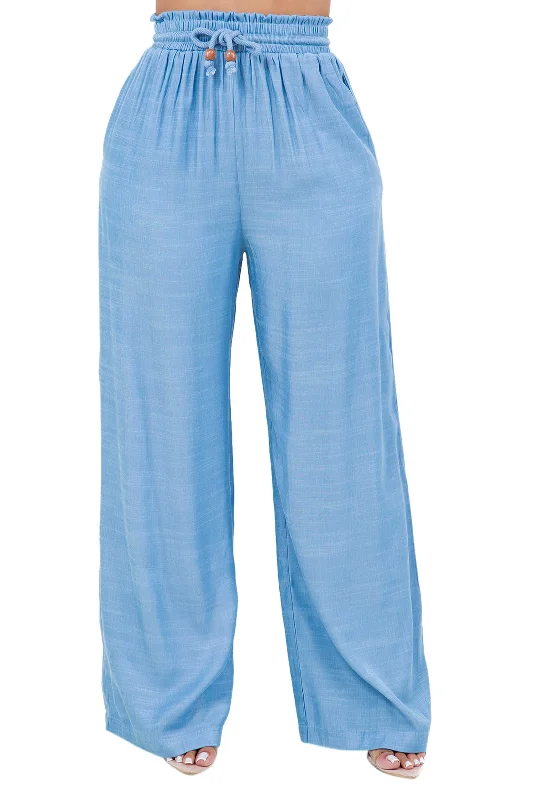 Women's Casual Beach Resort Wear Palazzo Pant with Drawstring Waist Rayon Blend Warm Wool Trousers