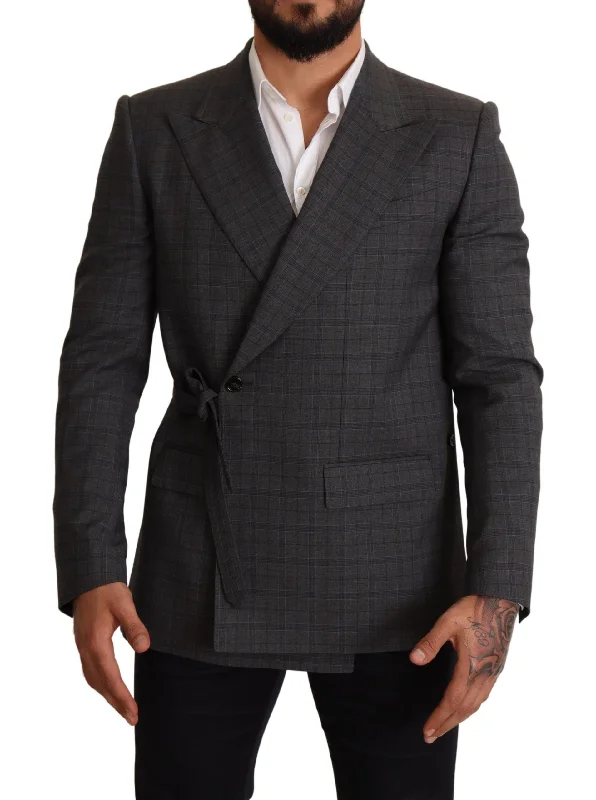 Chic Gray Check Martini Slim Fit Double-breasted Blazer Women's Boutique Suit