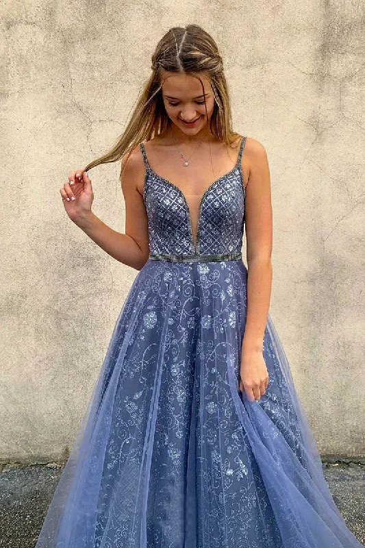A Line V Neck Spaghetti Straps Blue Tulle Prom Dress Evening Party Dress DMP148 Tunics Practical easy-care A Line V Neck Spaghetti Straps Blue Tulle Prom Dress Evening Party Dress DMP148 Tunics Practical easy-care