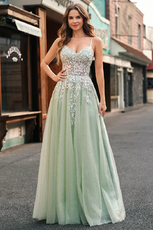 Sage Tulle A-Line Spaghetti Straps Long Prom Dress with Appliques Tunics Stylish modern
