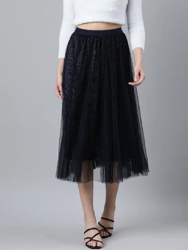 Women Solid Navy Blue Flared Midi Skirt-809-Navyblue cashmere skirt soft