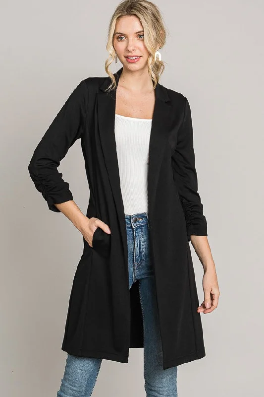 Solid Ruched Sleeve Long Blazer Women's Stripe Blazer