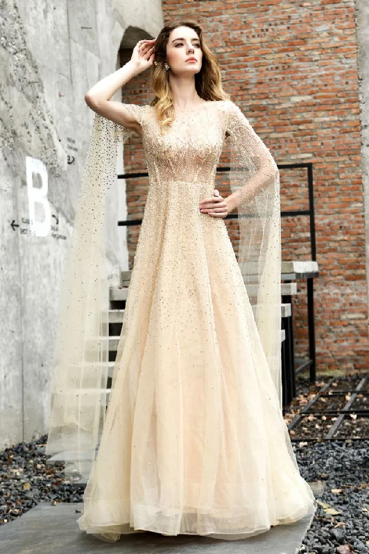 Charming Tulle Floor Length Evening Party Dress Sparkly Beads Prom Dress with Back Cape Crew Neckline Casual Charming Tulle Floor Length Evening Party Dress Sparkly Beads Prom Dress with Back Cape Crew Neckline Casual
