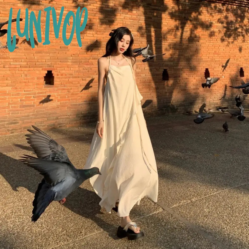 Lunivop New Summer Fairy Halter Designer Dress Women Beige Long Lolita Birthday Party Dresses Vacation Female Backless Dresses Off-the-shoulder Chic Trendy Lunivop New Summer Fairy Halter Designer Dress Women Beige Long Lolita Birthday Party Dresses Vacation Female Backless Dresses Off-the-shoulder Chic Trendy