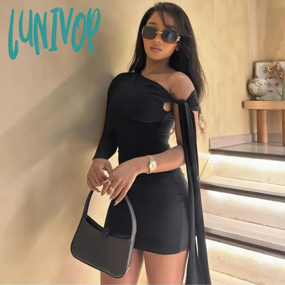 Lunivop Elegant One Shoulder Mini Dress for Women Sexy Lace-up Long Sleeve Bodycon Holidays Dress Autumn Fashion Solid Party Dress 2024 Crew Neckline Casual Lunivop Elegant One Shoulder Mini Dress for Women Sexy Lace-up Long Sleeve Bodycon Holidays Dress Autumn Fashion Solid Party Dress 2024 Crew Neckline Casual